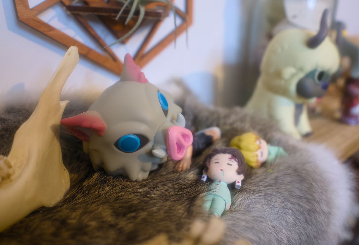 Macro detail of studio shelves — figurines and a bone arranged on fur.